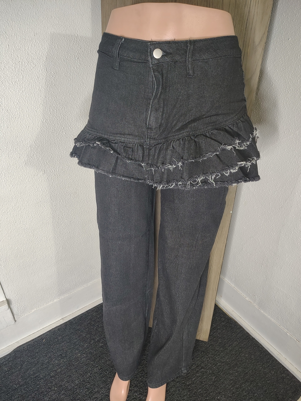 Fashion Nova Black Ruffle-Front Wide Leg Jeans